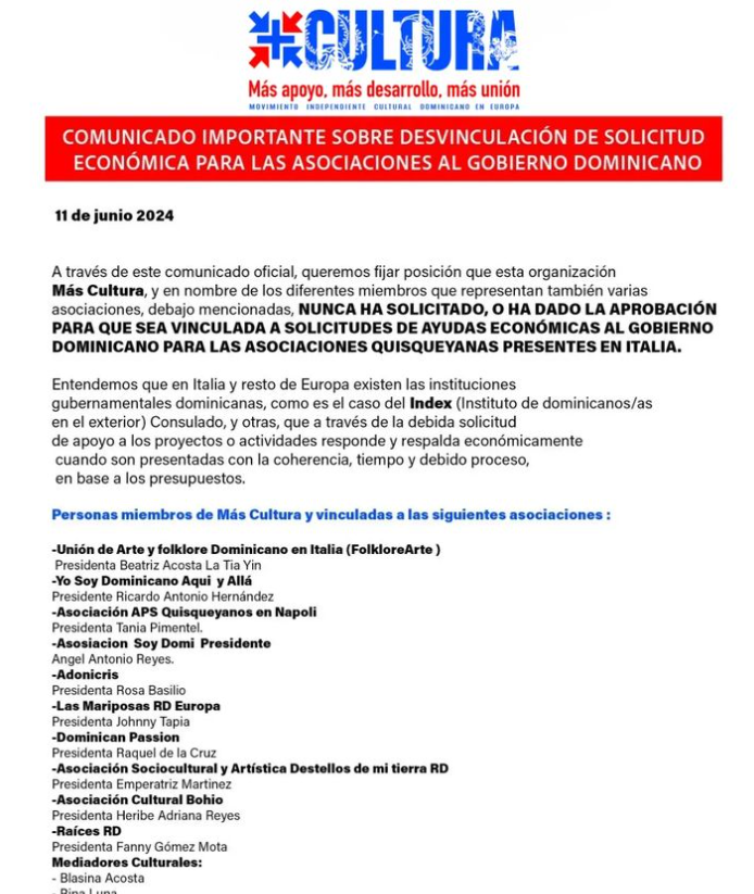 Italia: Asociaciones culturales se desvinculan de solicitud económica a Abinader Italia: Asociaciones culturales se desvinculan de solicitud económica a Abinader